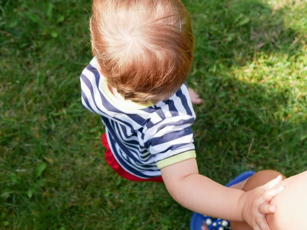 Enfant tient la main des mamans. vue d'en haut. fond d'herbe verte . — Photo