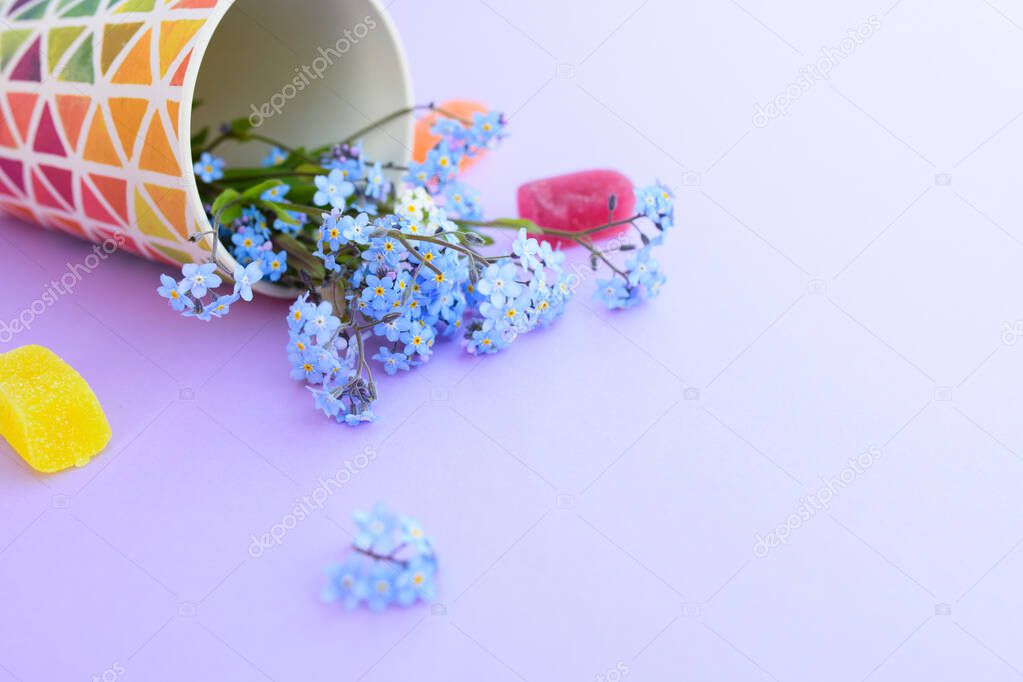 Flowers in a glass on a purple background. Fresh cut purple lilac flowers. colorful dishes, blooming flowers. Copy space