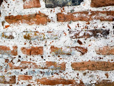 Eski tuğla işi. Tuğladan yapılmış eski bir duvar parçası. Geçmişi. Eskimemiş, eski, ortaçağ, duvar kâğıdı, yüzey, yontulmuş, yıpranmış, duvarcılık, kaba 