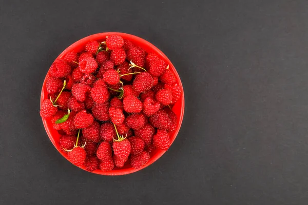 Raspberries in a red plate on a black background. Bowl with fresh raspberries on a pink background. Copy space. Minimal concept. hard light. — Stock Photo, Image