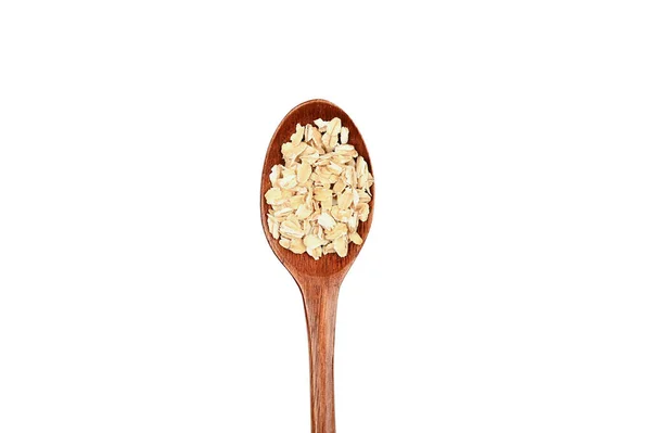 Uncooked Oatmeal Wooden Spoon Isolated White Top View — Stock Photo, Image