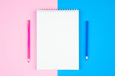 Mavi-pembe arka planda beyaz defter. Pastel mavisi pembe arka planda eskiz defteri ve kalem. Üst manzara, düz yatış. Yüksek kalite fotoğraf.