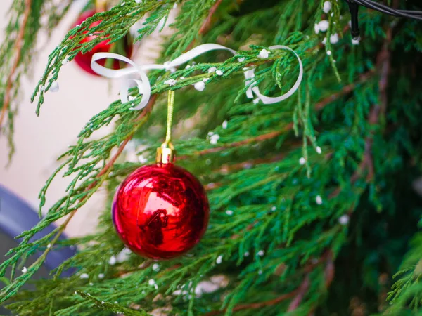 Bola Guirnalda Roja Colgando Primer Plano Del Árbol Foto Alta — Foto de Stock