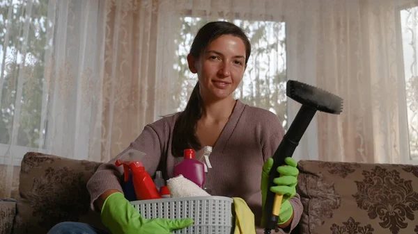 Chica Preparado Productos Limpieza Foto Alta Calidad — Foto de Stock