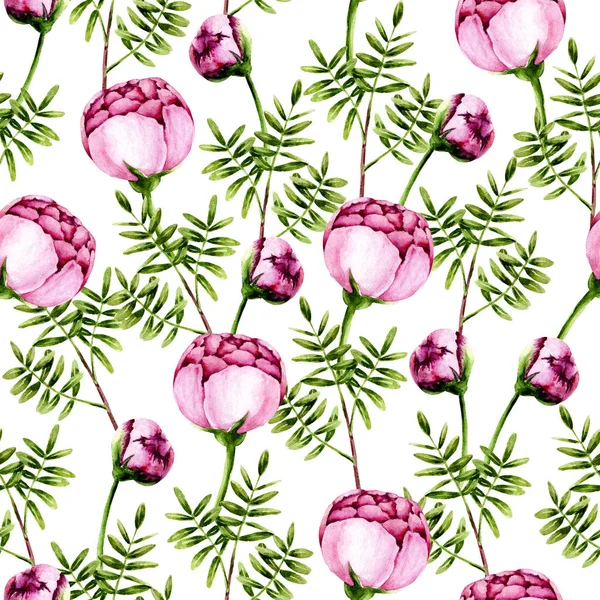 Sömlöst mönster av akvarell rosa pioner och gröna kvistar — Stockfoto