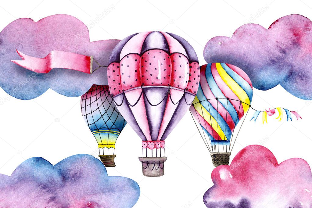 Watercolor colorful air balloons with clouds and flags. Colorful illustration