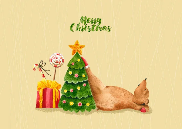 Veselé vánoční přání se spící akvarel medvěd, strom, bonbóny — Stock fotografie