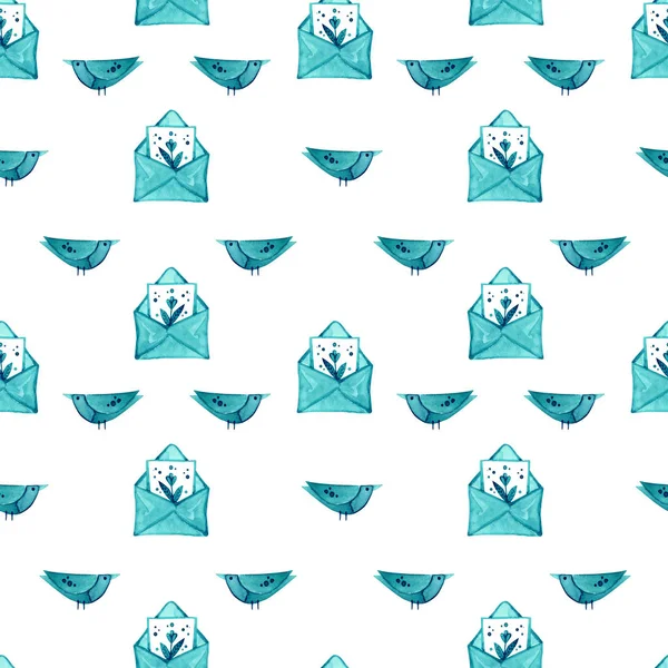 Sömlöst mönster med turkost kuvert och fågel. Handmålade akvarell illustration — Stockfoto