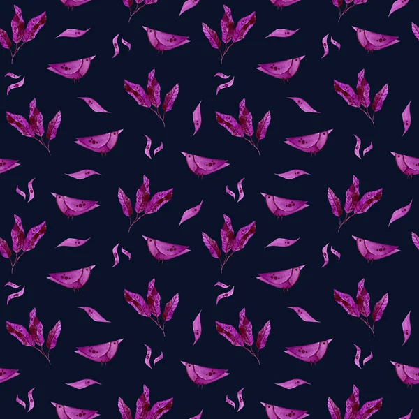 Απρόσκοπτη μοτίβο με μωβ πουλί, φύλλα. Χειροποίητη ακουαρέλα — Φωτογραφία Αρχείου