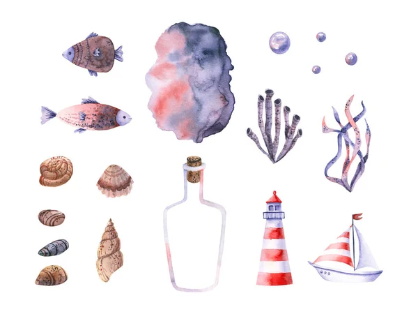 Sea set. Hand drawn watercolor illustration isolated on white