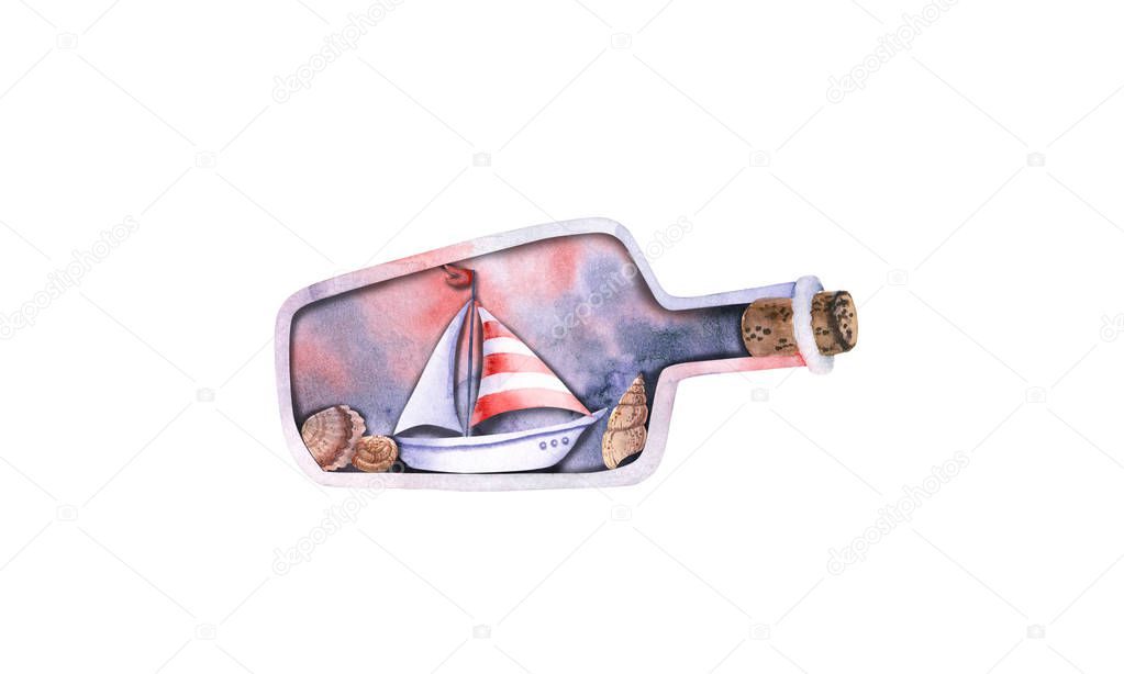 Watercolor magic glass bottle with boat, shells