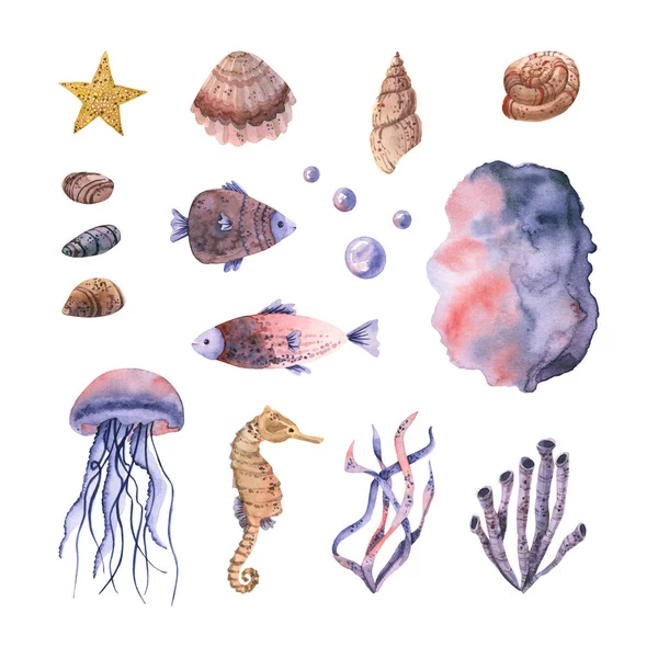 海のセット白地に描かれた手描き水彩画 — ストック写真