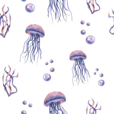 Suluboya denizanası, yosun ve baloncuklu kusursuz desen. El çizimi illüstrasyon 