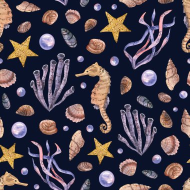 Suluboya taşları, deniz kabukları, yosun, deniz atı ve deniz yıldızlarıyla kusursuz desen. El çizimi illüstrasyon