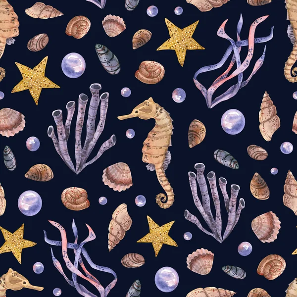 물색 돌, 조개, 해초, 해마, 불가사리가 있는 바 다 없는 무늬. 손으로 그린 삽화 — 스톡 사진