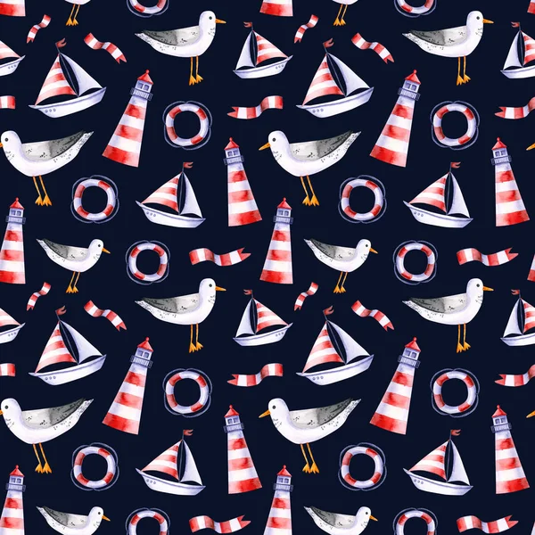 Patrón sin costura con bandera de acuarela, faro, gaviota, boya salvavidas, barco. ilustración dibujada a mano — Foto de Stock