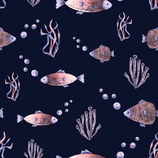 Seamless pattern with watercolor fish, seaweed, bubbles. Hand drawn illustration — Stock Photo, Image