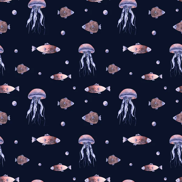 Seamless pattern with watercolor fish, jellyfish, bubbles. Hand drawn illustration — Stock Photo, Image