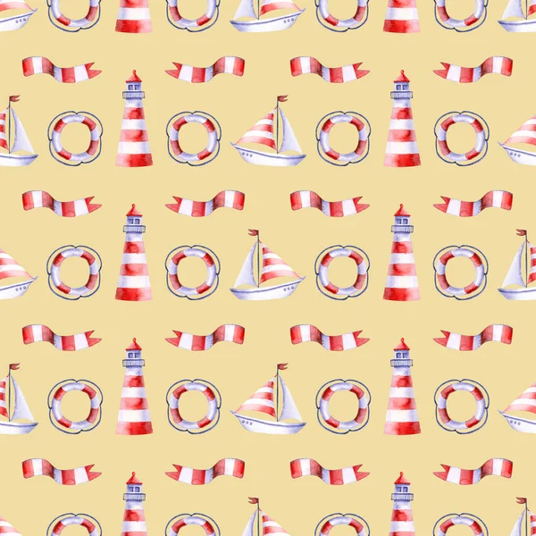 Seamless pattern with watercolor flag, lighthouse, lifebuoy, boat. Hand drawn illustration — Stock Photo, Image