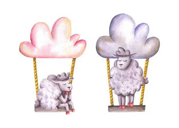 Set Pecore Acquerello Nuvole Con Altalena Illustrazione Disegnata Mano Isolato — Foto Stock