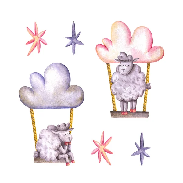 Set Pecore Acquerello Nuvole Altalena Stelle Illustrazione Disegnata Mano Isolato — Foto Stock