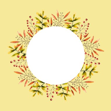 Yuvarlak çerçeveli suluboya dallar, yapraklar, böğürtlenler. Görüntü izole edildi. El yapımı sonbahar çelengi kart, klasik tasarım, poster, davetiye, kumaş tekstil için mükemmel.