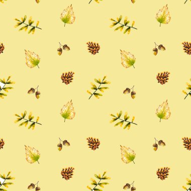 Suluboya dalları, yaprakları, kozalakları, palamutları olan kusursuz bir desen. Görüntü izole edildi. El yapımı sonbahar öğeleri duvar kağıdı, poster, vintage tasarım, baskı, kumaş tekstil için mükemmel