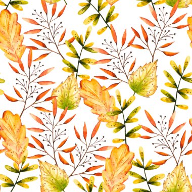 Suluboya dalları, meşe ve huş yaprakları ve böğürtlenlerle kusursuz desen. Resim beyaza izole edilmiş. El yapımı sonbahar eşyaları duvar kağıdı, klasik tasarım, poster, kumaş tekstil için mükemmeldir.