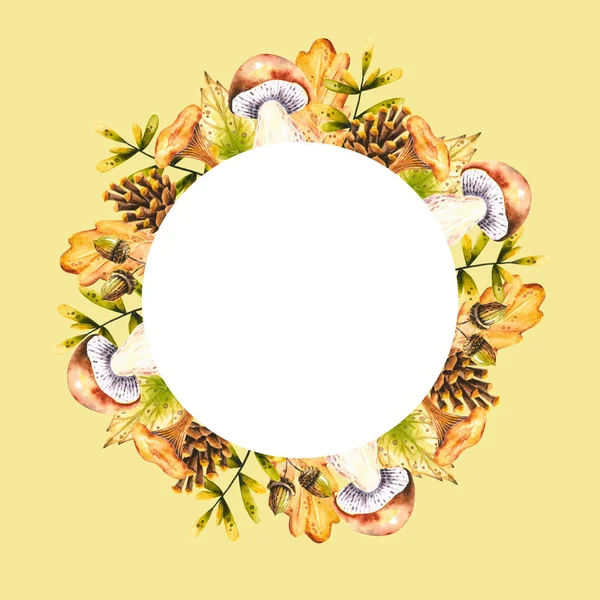 水彩キノコ 松のコーン アコーンで丸いフレーム 孤立したイラスト 手描きの秋の花輪カード ポスター ヴィンテージデザイン 招待状 ファブリックテキスタイルに最適です — ストック写真