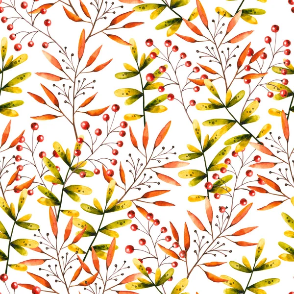 Nahtloses Muster Mit Aquarellzweigen Blättern Beeren Illustration Isoliert Auf Weiß — Stockfoto