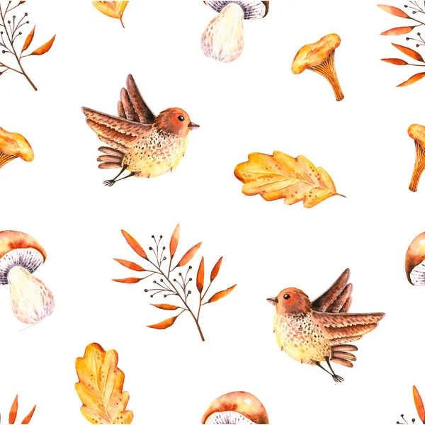 Nahtloses Muster Mit Aquarellierten Eichenblättern Zweigen Pilzen Vögeln Illustration Isoliert — Stockfoto
