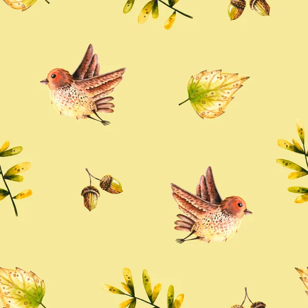 Nahtloses Muster Mit Aquarellzweigen Blättern Vogel Eichel Illustration Isoliert Handgezeichnete — Stockfoto