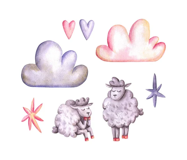 Set Pecore Acquerello Nuvole Stelle Cuori Illustrazione Disegnata Mano Isolato — Foto Stock