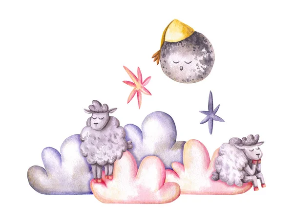 Pecore Addormentate Acquerello Nuvole Stelle Luna Illustrazione Disegnata Mano Isolato — Foto Stock