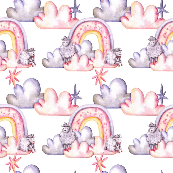 Seamless pattern with watercolor sheeps, rainbow, clouds, stars. Hand drawn illustration is isolated on white. Cute ornament are perfect for fabric textile design, nursery wallpaper, baby print