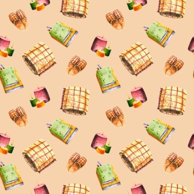 Suluboya desenli mumlar, ekose, terlikler, kitaplar. Bej arka planda izole edilmiş bir resim. Duvar kağıdı, poster, klasik tasarım, kumaş tekstil için mükemmel bir el çizimi şablonu