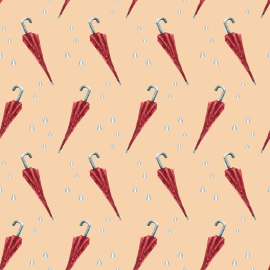 Suluboya, yağmur damlalı kapalı şemsiye deseni. Bej arka planda izole edilmiş bir resim. Duvar kağıdı, kartpostal, klasik tasarım, kumaş tekstil için mükemmel bir aksesuar.