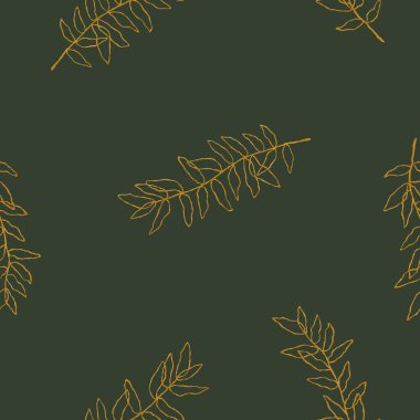 Altın dalların kusursuz deseni. El çizimi çizimleri karanlıkta izole edilir. Doğrusal yapraklar kumaş, düğün davetiyesi, boho tasarımı, iç duvar kağıdı, çiçek desenleri için mükemmeldir.