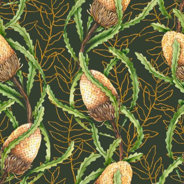 Suluboya bankası ve altın dalların kusursuz deseni. El çizimi çizimi. Egzotik bitkiler kumaş, boho tasarımı, iç duvar kağıdı, çiçek desenleri, düğün davetiyesi için mükemmeldir.