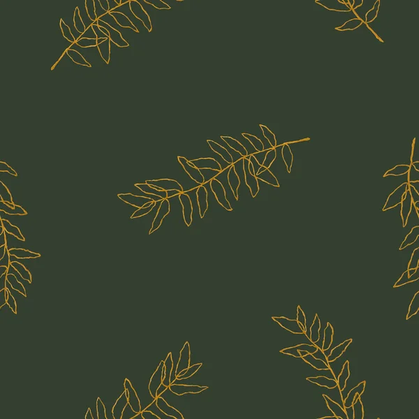 黄金の枝のシームレスなパターン 手描きのイラストは暗く隔離されています 線形の葉は ファブリック繊維 結婚式の招待状 Bohoデザイン インテリア壁紙 花のプリントに最適です — ストック写真