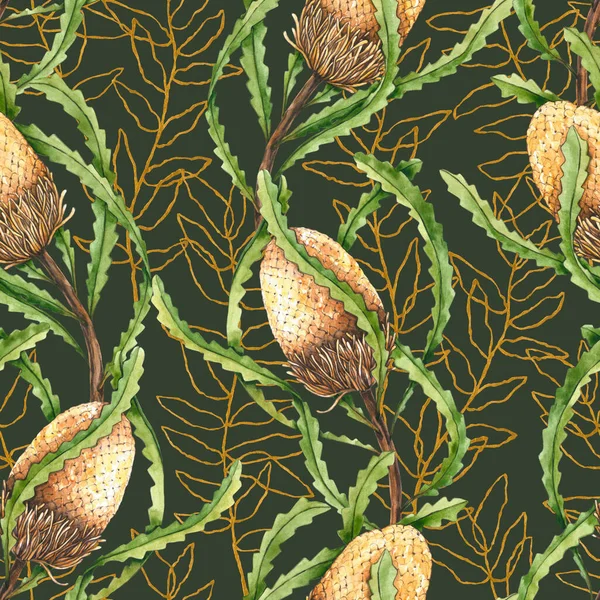 Απρόσκοπτη Μοτίβο Υδατογραφία Banksia Και Χρυσά Κλαδιά Χειροποίητη Απεικόνιση Εξωτικά — Φωτογραφία Αρχείου