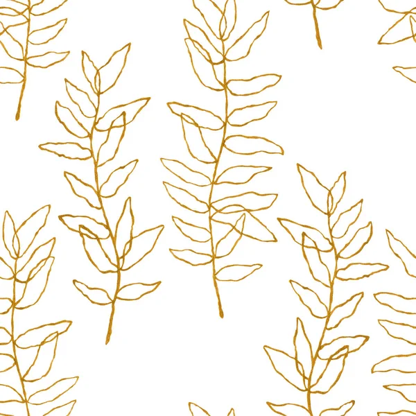 Бесшовный Узор Золотых Ветвей Ручная Иллюстрация Изолирована Белом Линейные Листья — стоковое фото