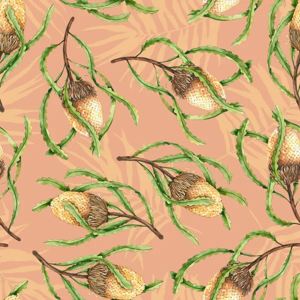 Nahtloses Muster Aus Aquarell Banksia Und Palmblättern Handgezeichnete Illustration Exotische — Stockfoto