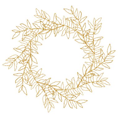 Yapraklı altın yuvarlak çerçeve. El çizimi beyaza izole edilmiş. Doğrusal altın rengi kontur dalları boho tasarımı, düğün davetiyesi, tebrik kartı için mükemmeldir.