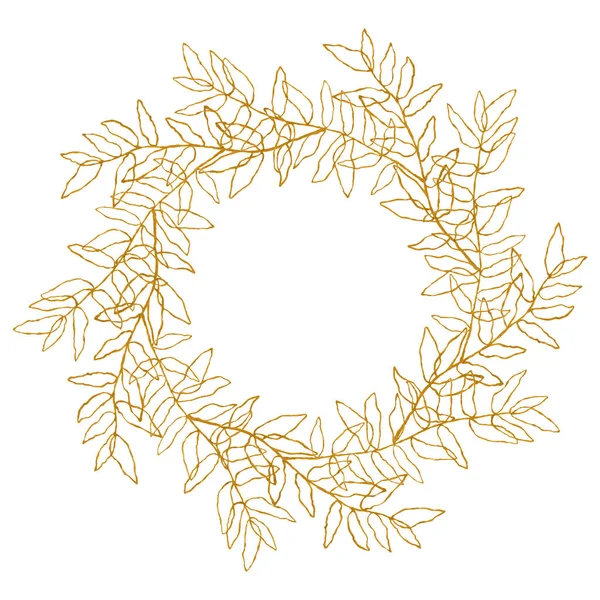 Yapraklı altın yuvarlak çerçeve. El çizimi beyaza izole edilmiş. Doğrusal altın rengi kontur dalları boho tasarımı, düğün davetiyesi, tebrik kartı için mükemmeldir.