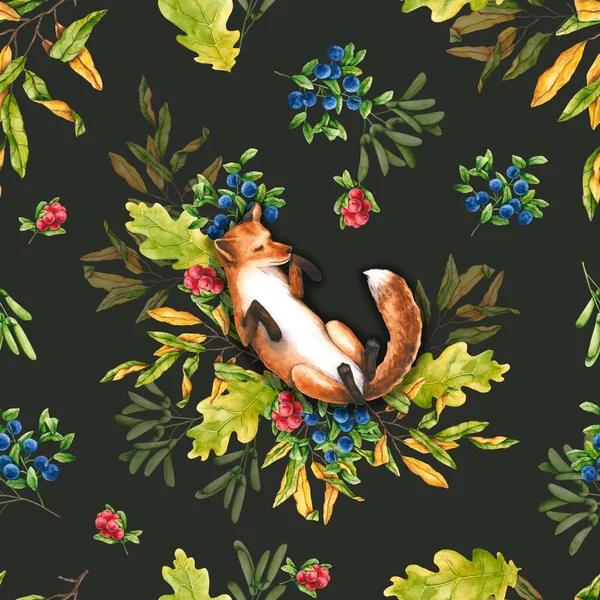 Безшовний Візерунок Акварельними Сплячими Лисицями Лісовими Рослинами Мальована Ілюстрація Рук — стокове фото