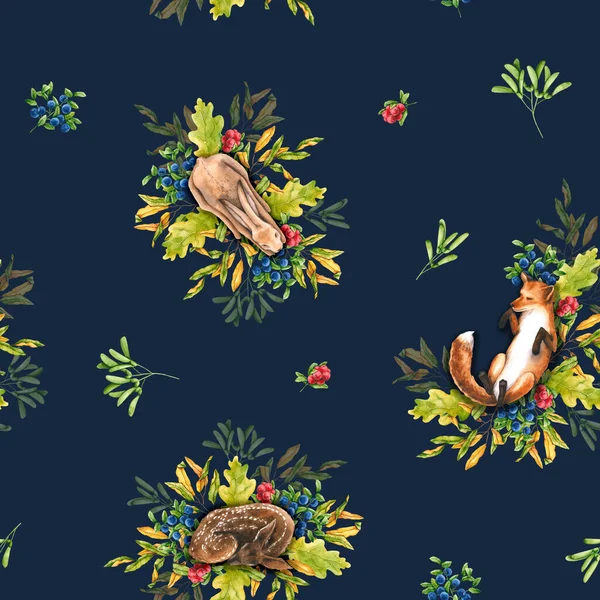 Безшовний Візерунок Акварельними Лісовими Тваринами Лісовими Рослинами Рука Намальована Ілюстрація — стокове фото