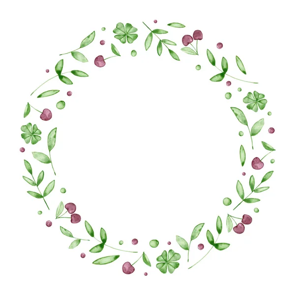 桜と緑の葉と水彩ラウンドフレーム 手書きのイラストは白で隔離されています ベリーと花の花輪はヴィンテージデザイン グリーティングカード インテリアポスター ベビープリントに最適です — ストック写真