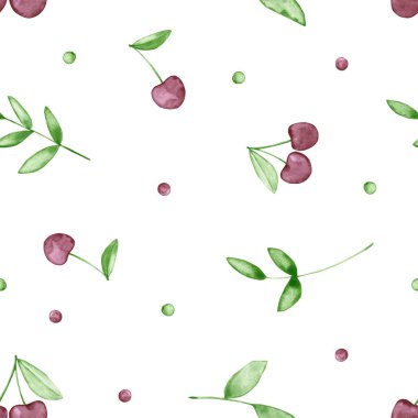 Suluboya kiraz ve yeşil yapraklı kusursuz desen. El çizimi beyaza izole edilmiş. Böğürtlenli çiçek süsü klasik tasarım, iç duvar kağıdı, kumaş tekstil için mükemmeldir.