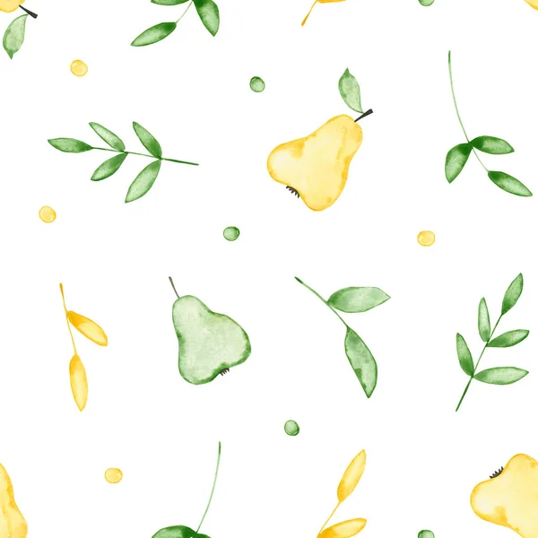 Seamless pattern with watercolor pear and leaves. Hand drawn illustration is isolated on white. Floral ornament is perfect for vintage design, interior wallpaper, fabric textile, baby linens